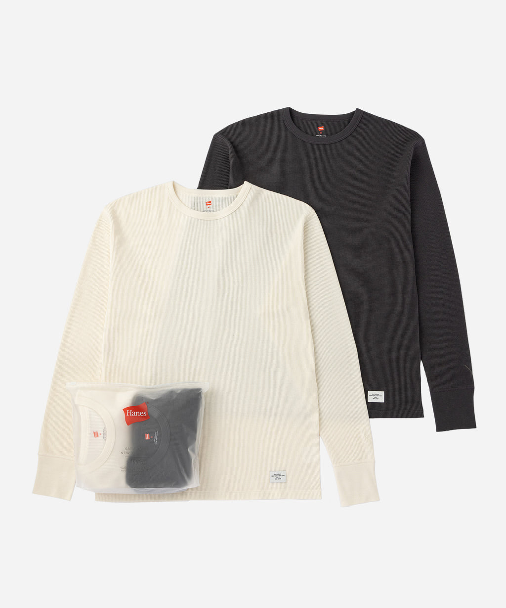 Hanes x Saturdays NYC Waffle Long Sleeve Tee 2-Pack in Off White and Gray, both tees laid flat with packaging