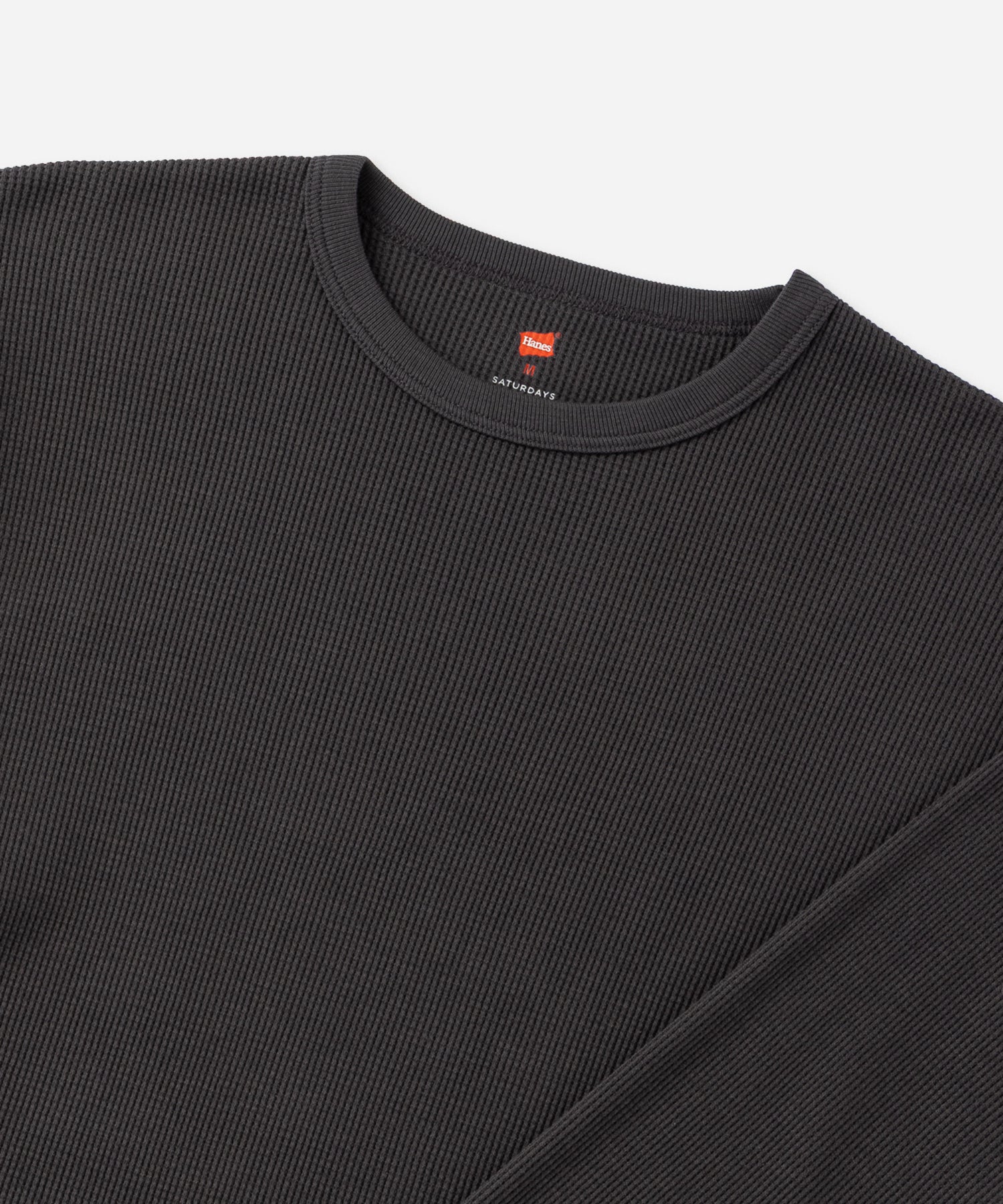 Hanes x Saturdays NYC Waffle Long Sleeve Tee in Gray, close-up of waffle knit and neckline with Hanes label