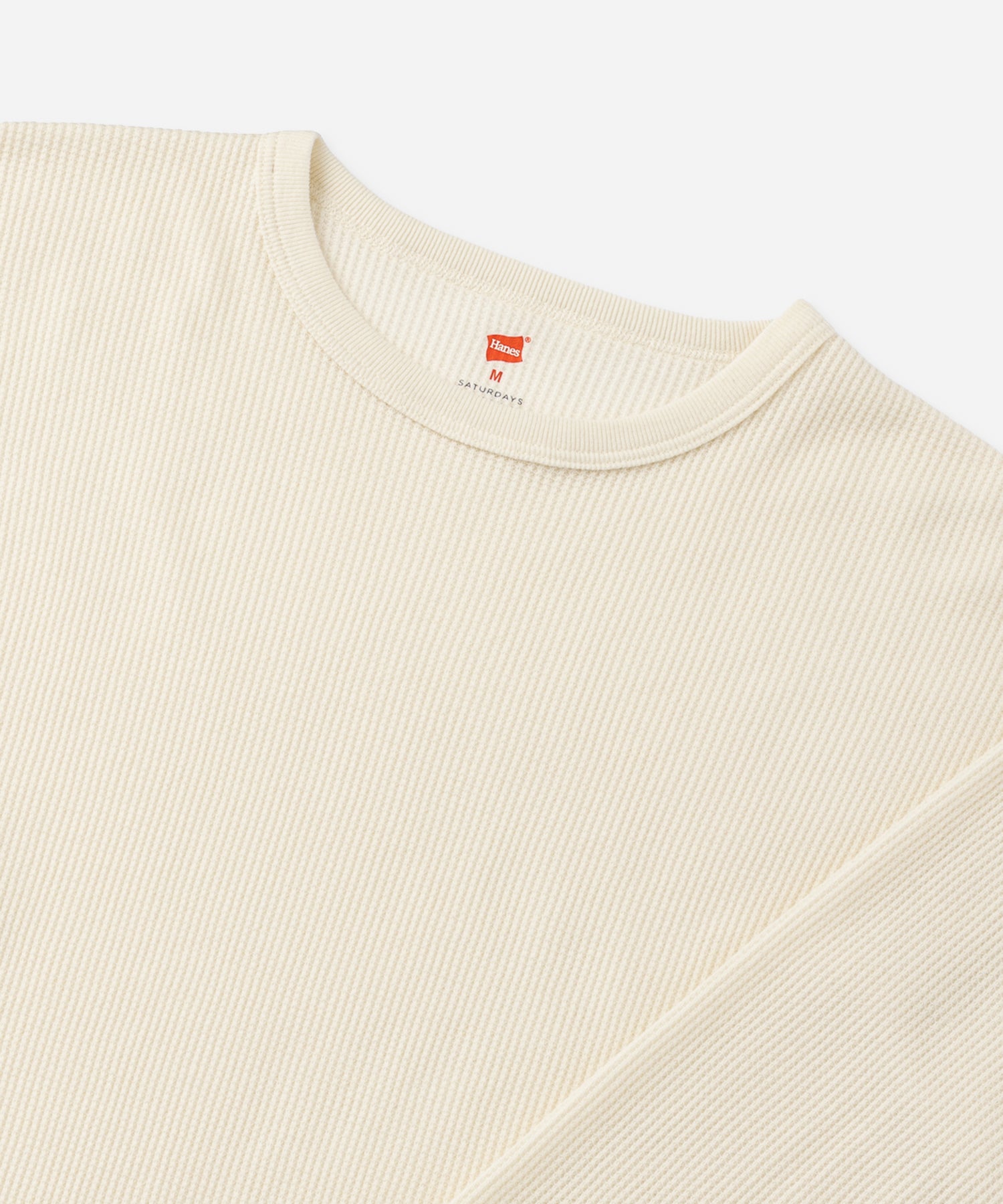 Hanes x Saturdays NYC Waffle Long Sleeve Tee in Off White, close-up of waffle knit and neckline with Hanes label