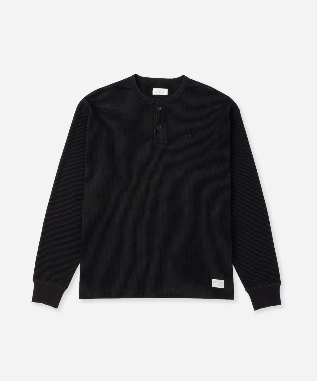 Saturdays NYC Alex Waffle Henley Neck Top in Black