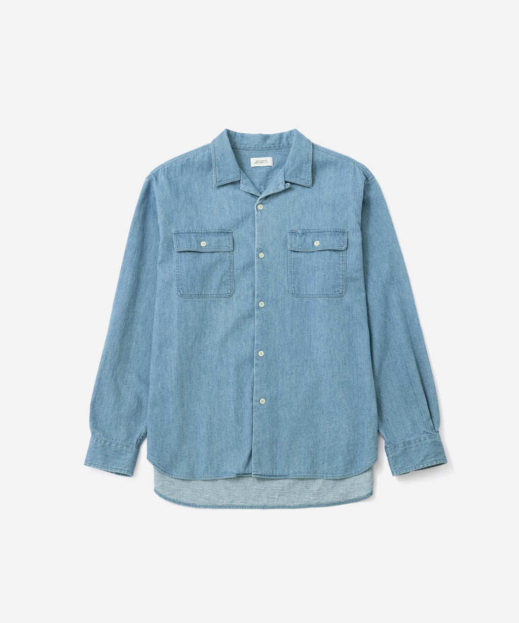Saturdays NYC Hanley Long Sleeve Open Collar Shirt in Light Blue