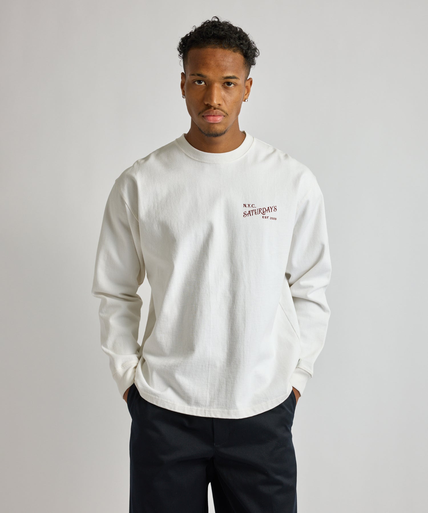 Saturdays NYC Max Weight Vintage Serif Long Sleeve Tee in White