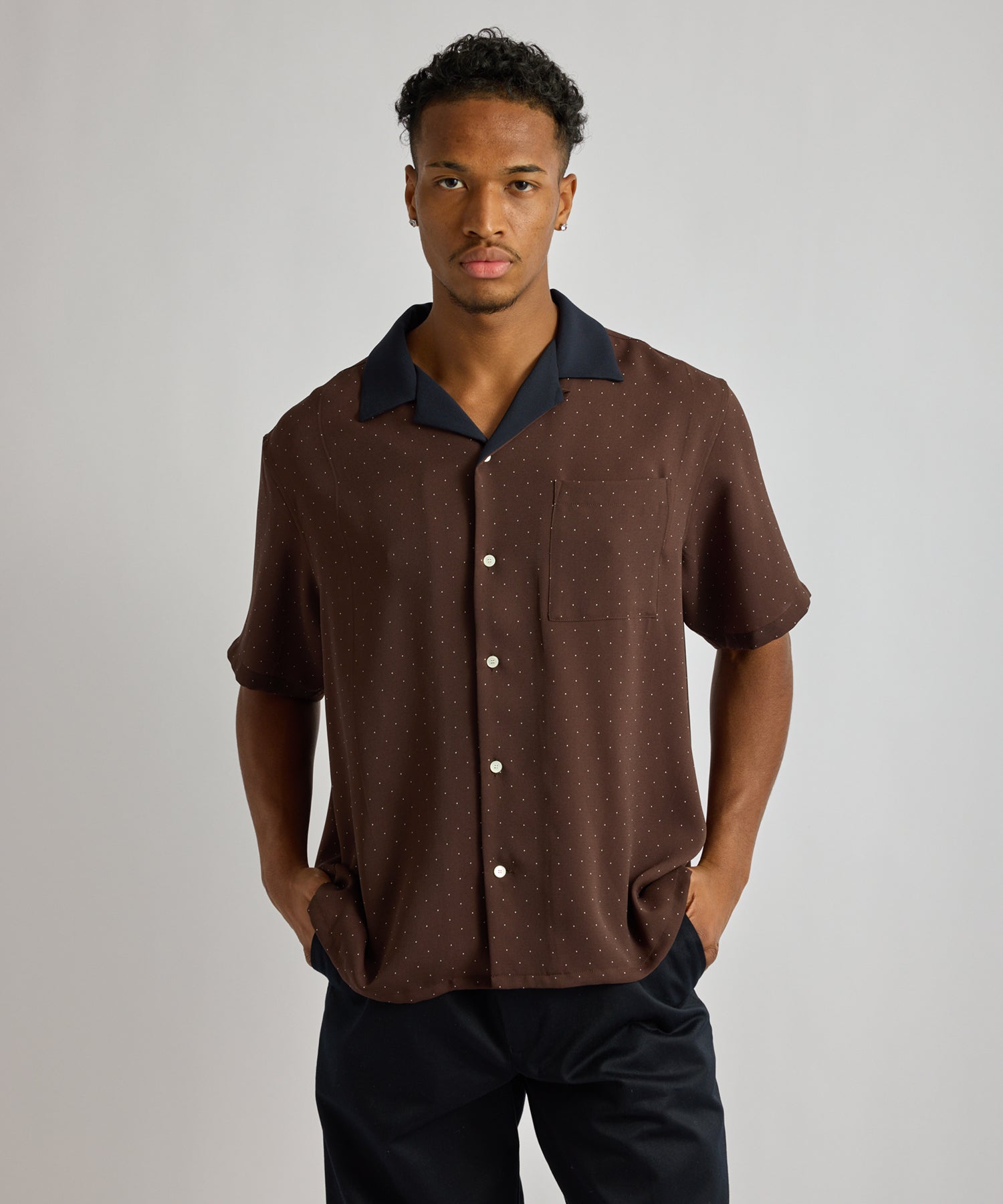 Saturdays NYC Hester Dot Print Short Sleeve Shirt in Dark Brown