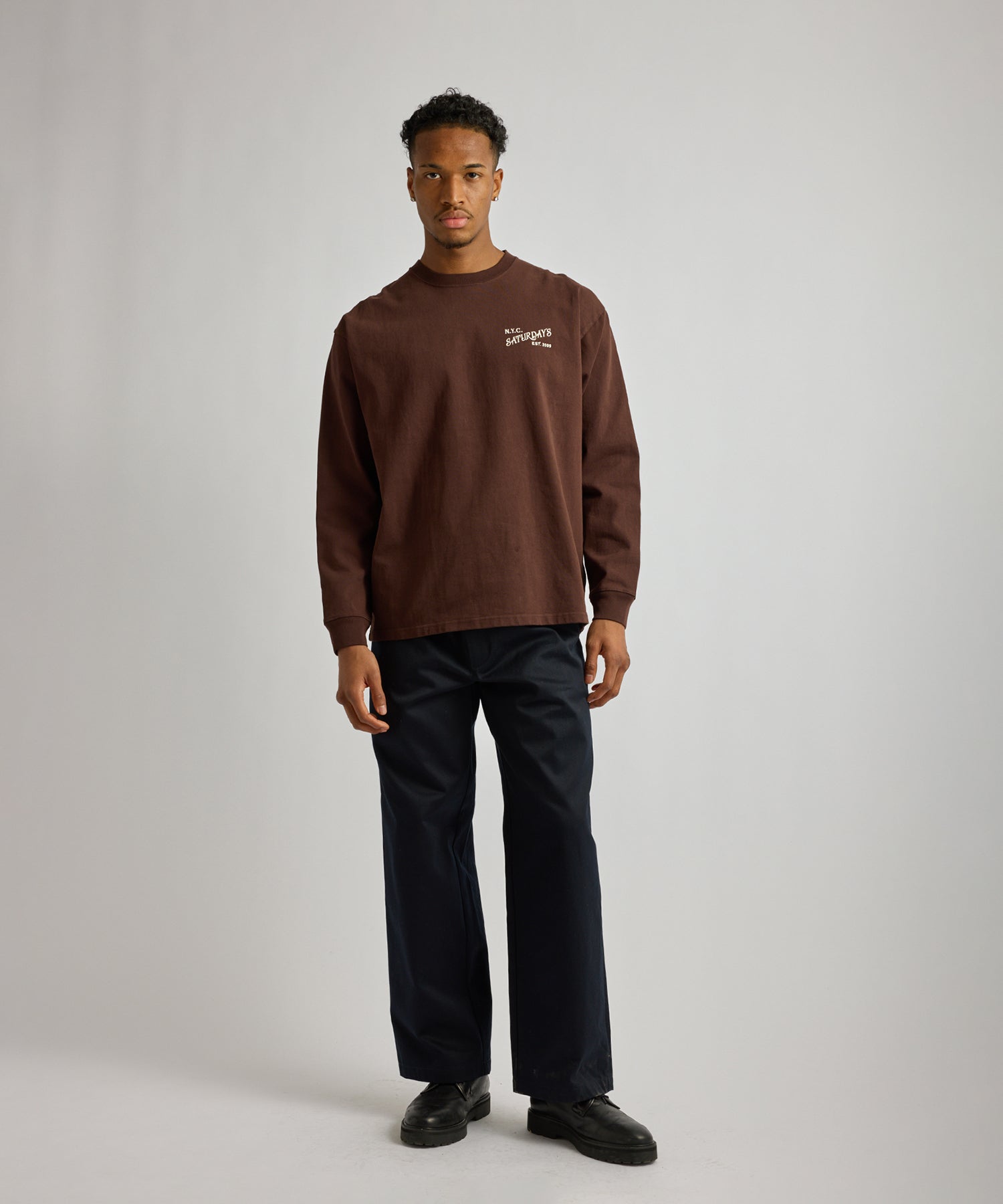Saturdays NYC Max Weight Vintage Serif Long Sleeve Tee in Dark Brown