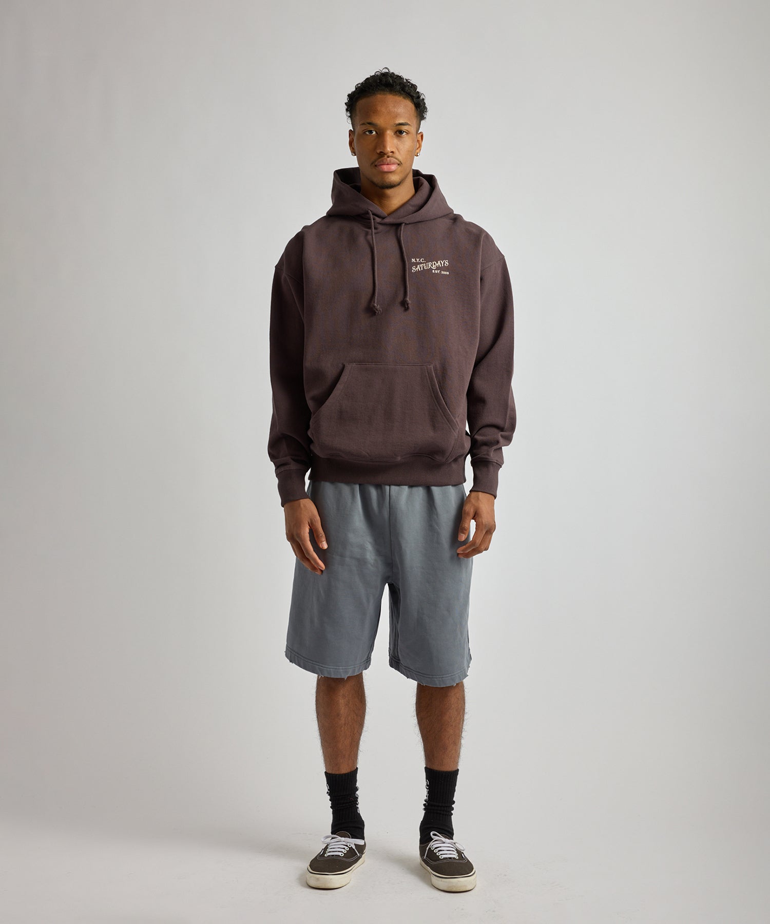 Saturdays NYC Warren Vintage Serif Relaxed Hoodie in Charcoal