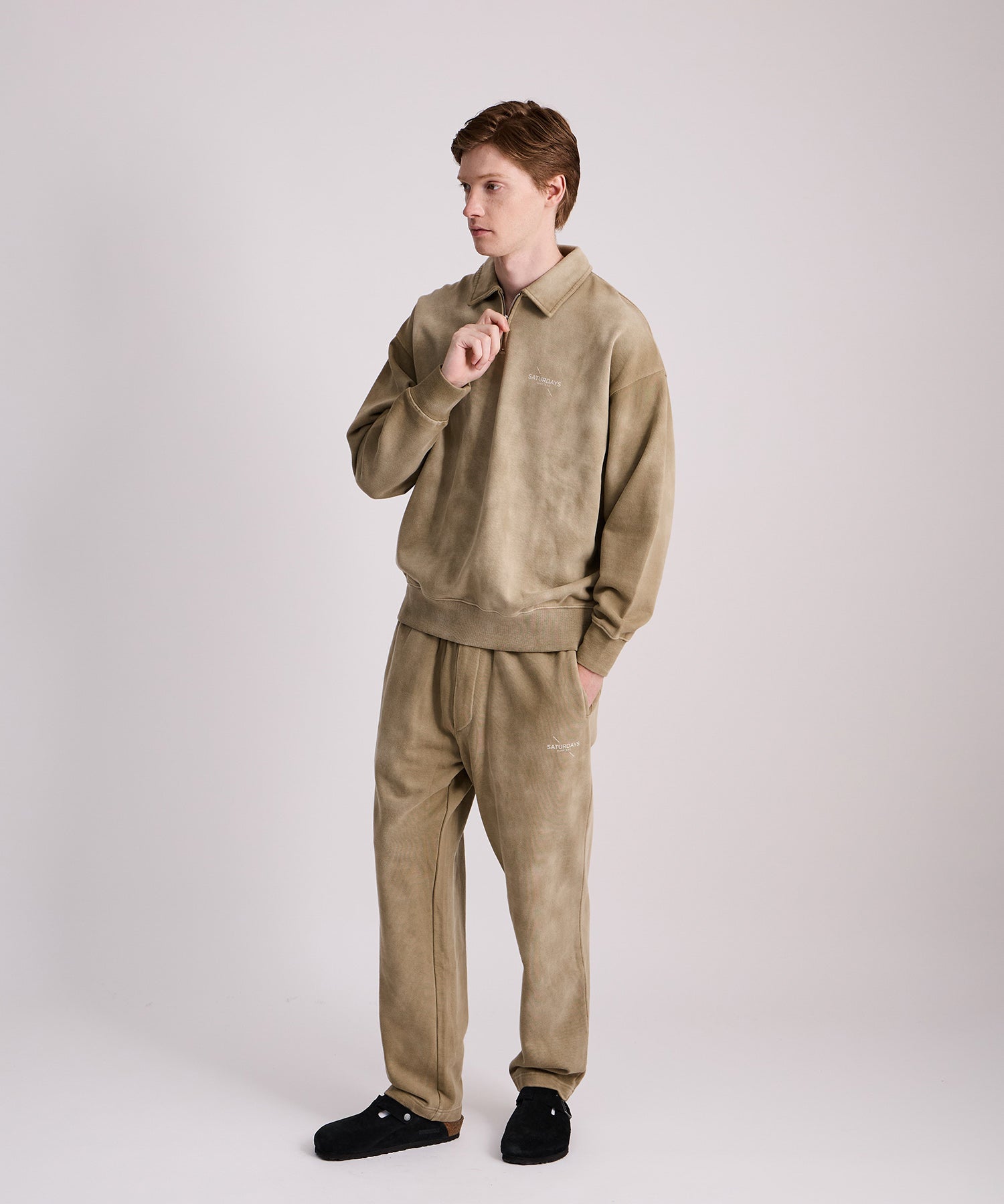 Saturdays NYC Mott Relaxed Quarter Zip Surf Sweatshirt in Beige