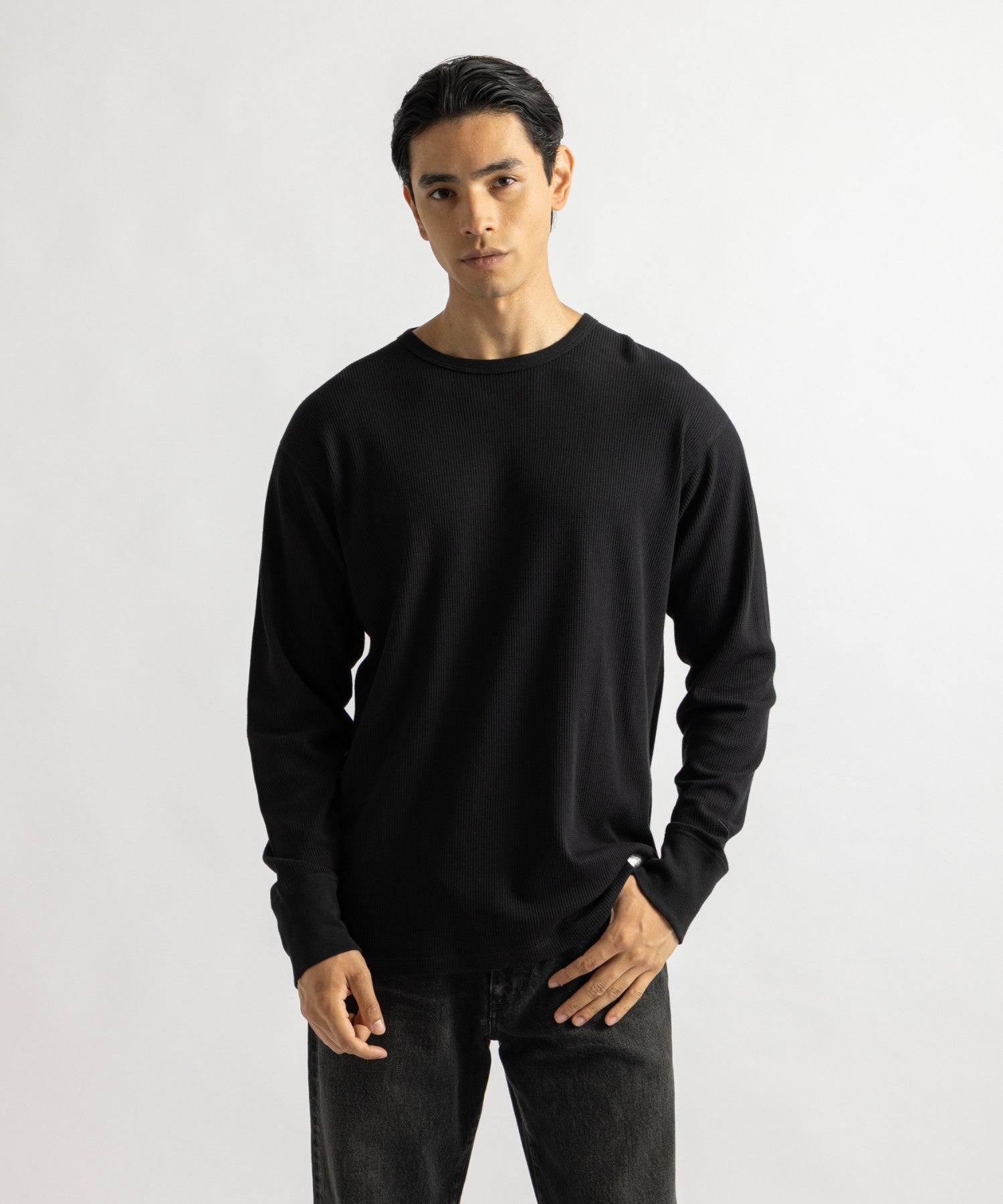 Hanes x Saturdays NYC Waffle Long Sleeve Tee in Black, worn by male model, front view