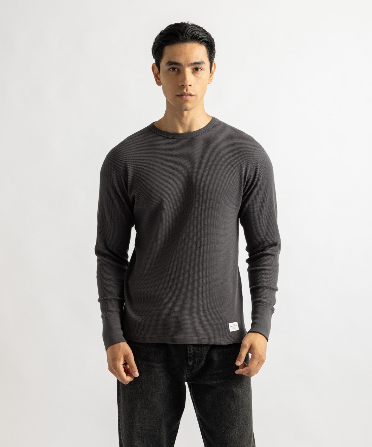 Hanes x Saturdays NYC Waffle Long Sleeve Tee in Gray, worn by male model, front view