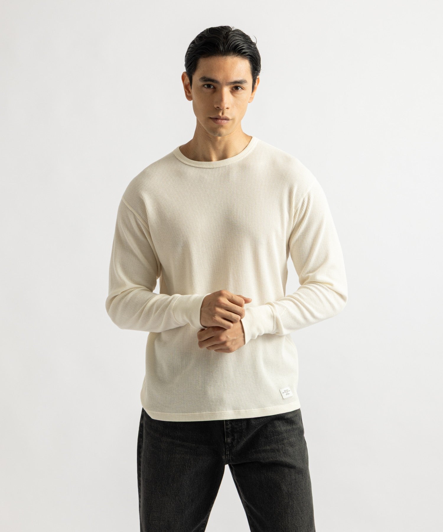 Hanes x Saturdays NYC Waffle Long Sleeve Tee in Off White, worn by male model, front view