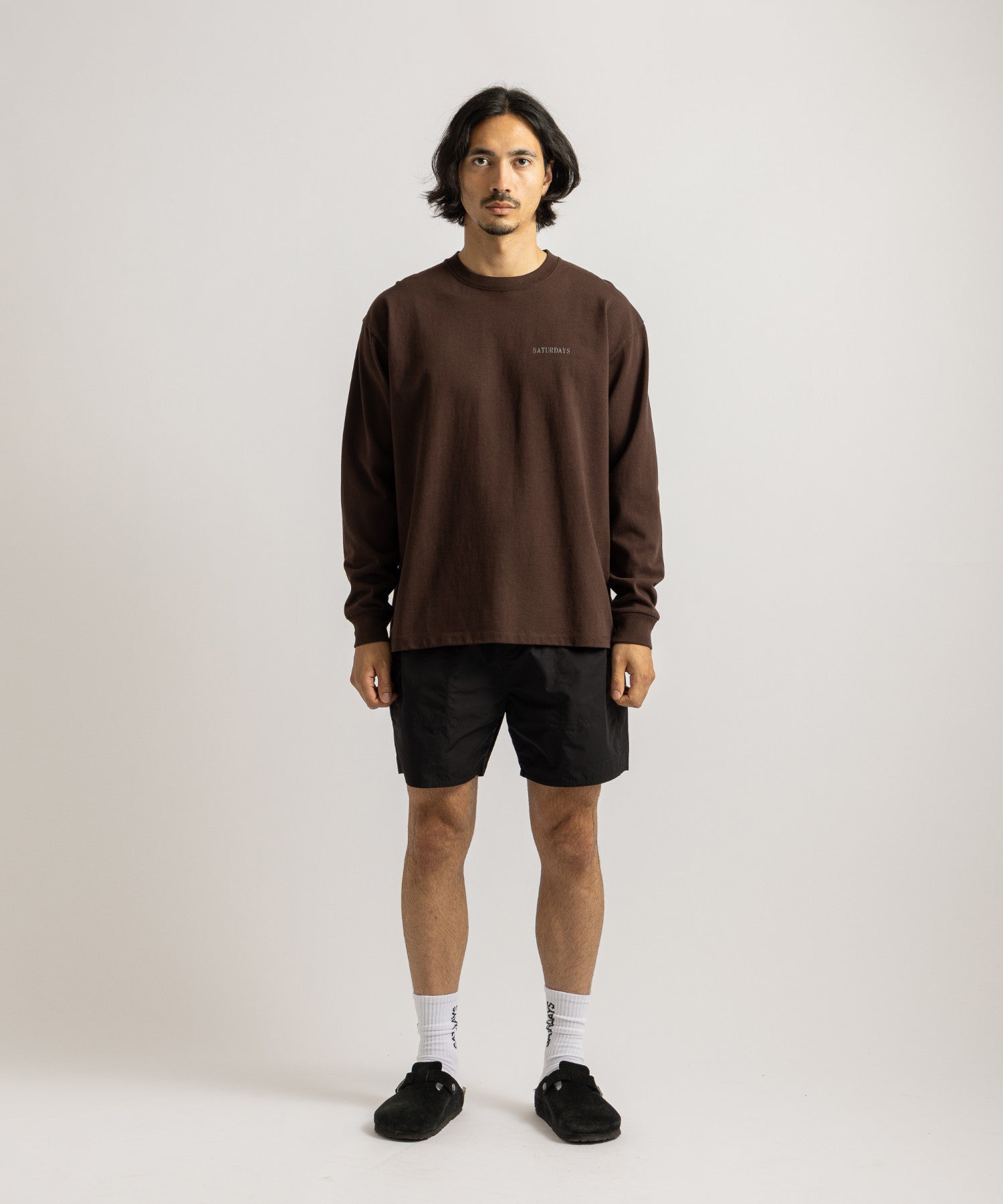 Saturdays NYC Max Weight Vintage Sport Long Sleeve Tee in Dark Brown