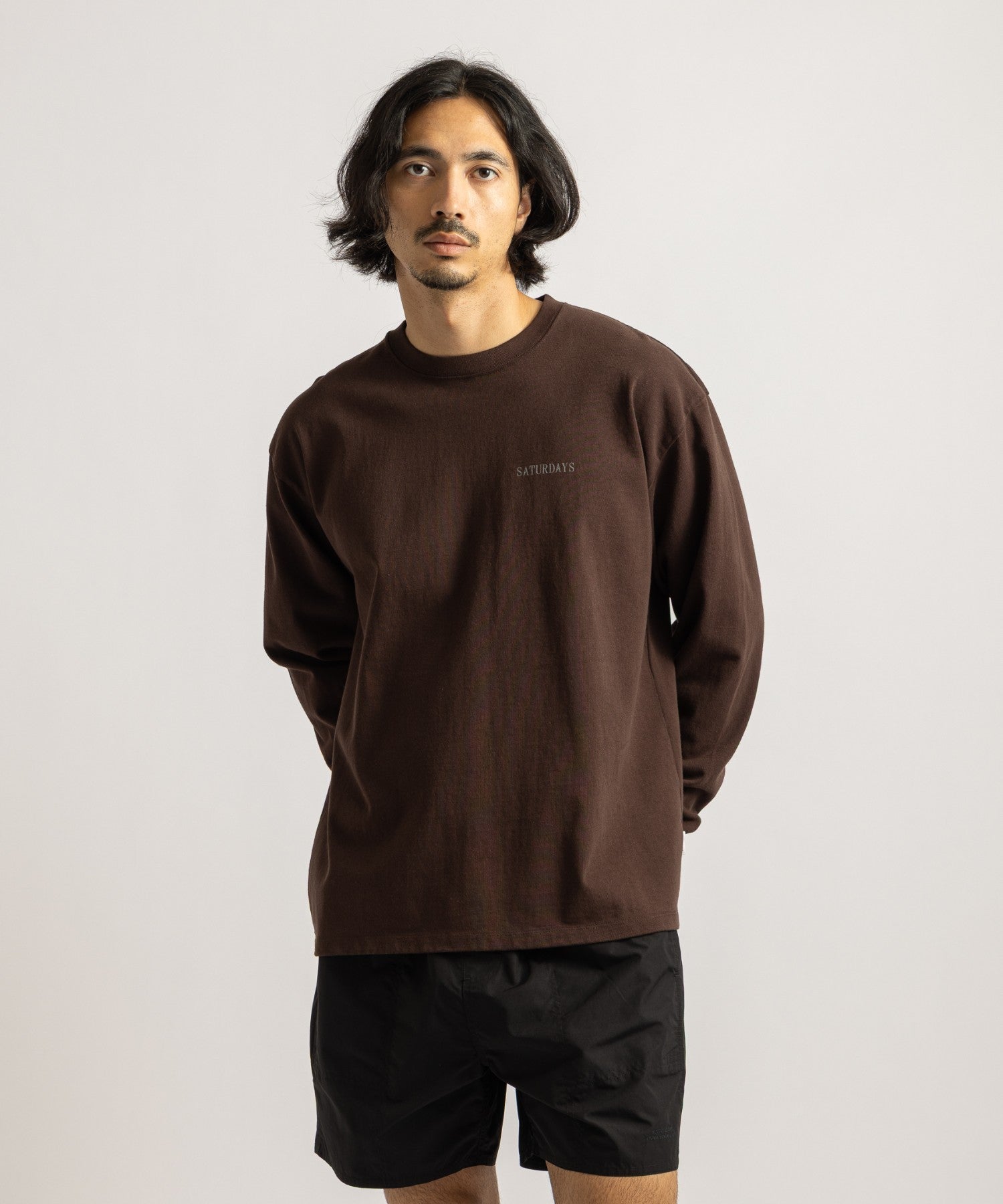 Saturdays NYC Max Weight Vintage Sport Long Sleeve Tee in Dark Brown