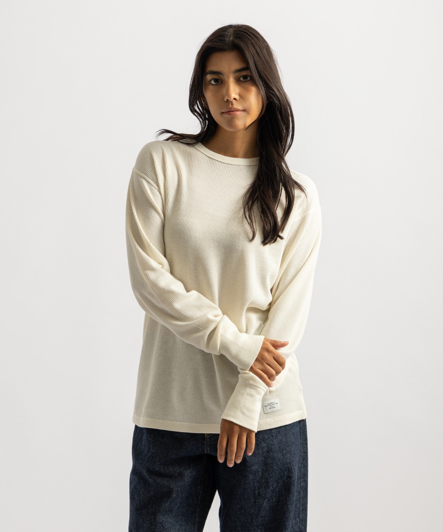 Hanes x Saturdays NYC Waffle Long Sleeve Tee in Off White, worn by female model, front view