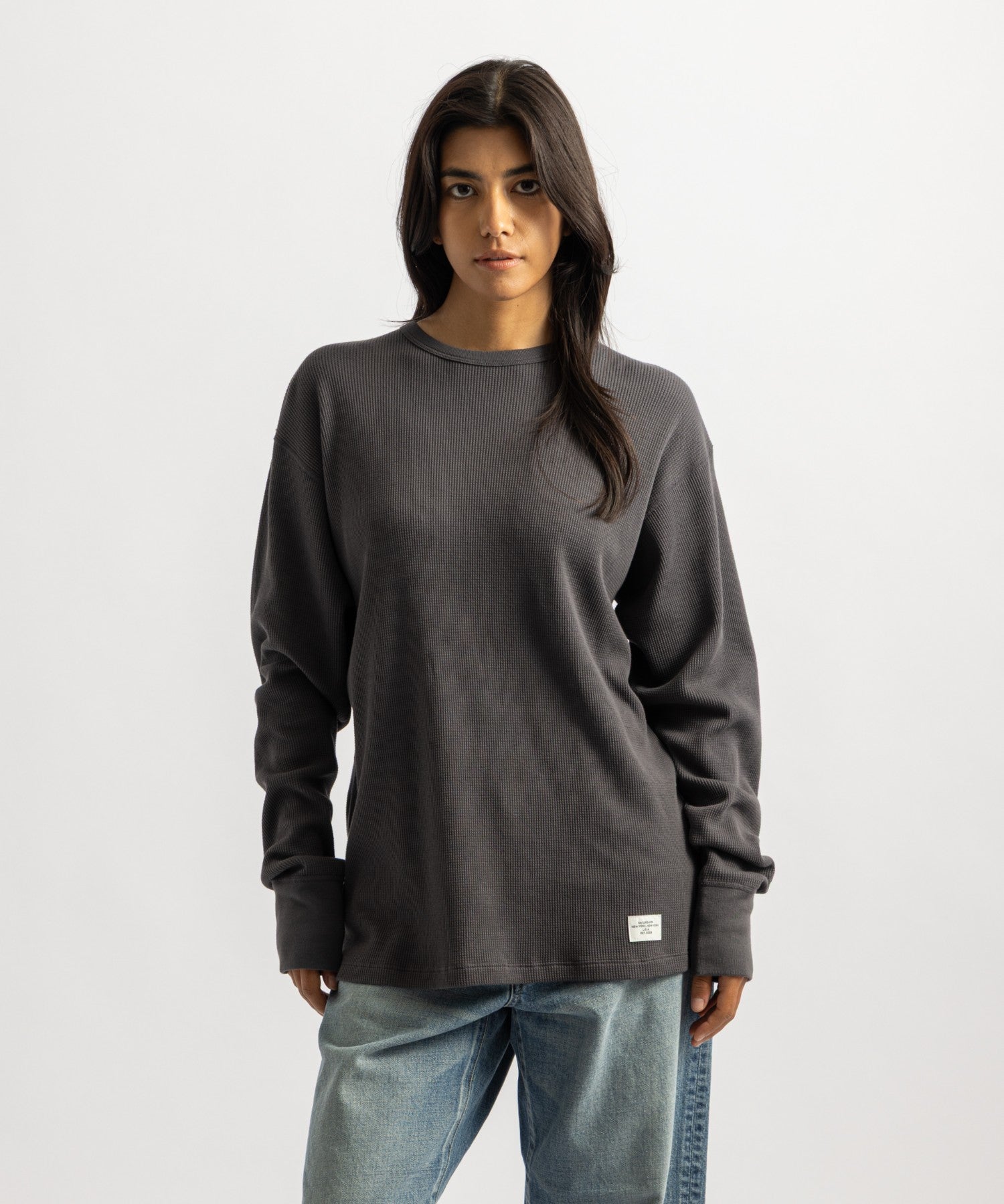 Hanes x Saturdays NYC Waffle Long Sleeve Tee in Gray, worn by female model, front view